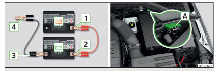 Fig. 328 Auxílio de arranque:  - bateria descarregada,  - bateria fornecedora de corrente / ponto de massa do motor no sistema START-STOP