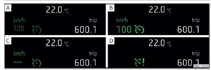 Fig. 265 Visor MAXI-DOT (monocromático): Exemplos de indicações de estado do sistema de regulação de velocidade (GRA)